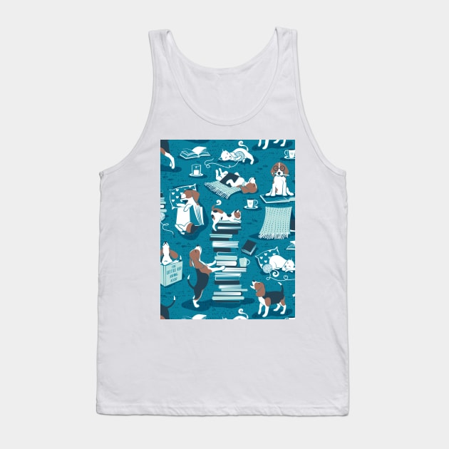 Life is better with books a hot drink and a friend // pattern // turquoise background brown white and blue beagles and cats and aqua cozy details Tank Top by SelmaCardoso